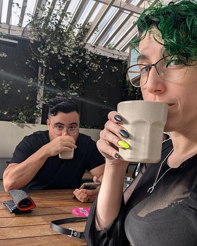 Two glamourous nerds, who are nervously drinking coffee around the corner because we are early for the red carpet #marveloust...