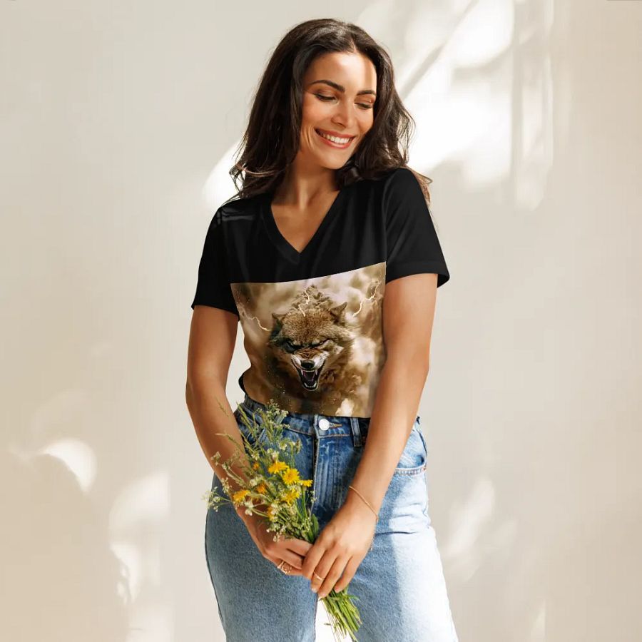 Thunderous Storm Wolf-Women`s V Neck product image (11)