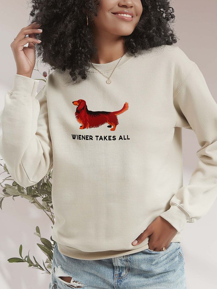Wiener Takes All Sweatshirt (Embroidered) of a Longhaired Dachshund(Red & Tan) product image (2)