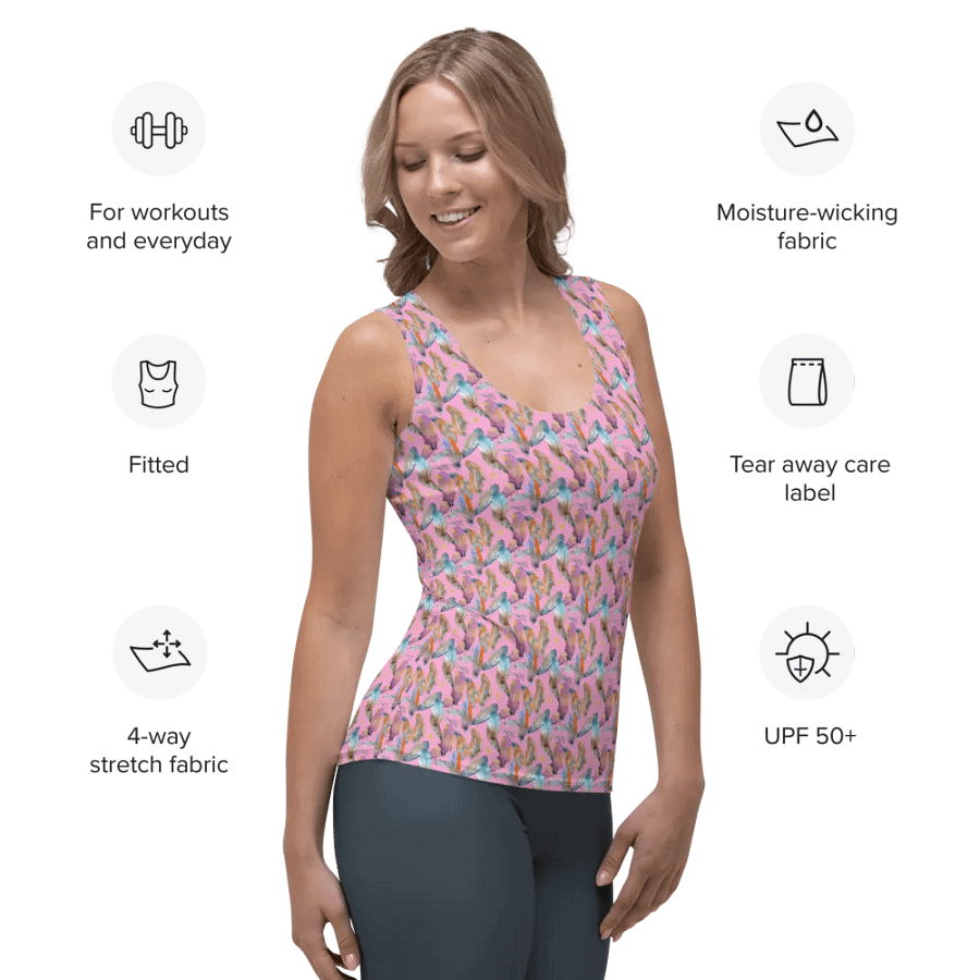 Ladies all over print tank top with colorful feathers design product image (7)