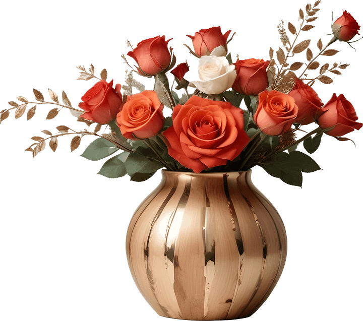Elegant Gold-Striped Vase with Orange and White Roses PNG product image (1)