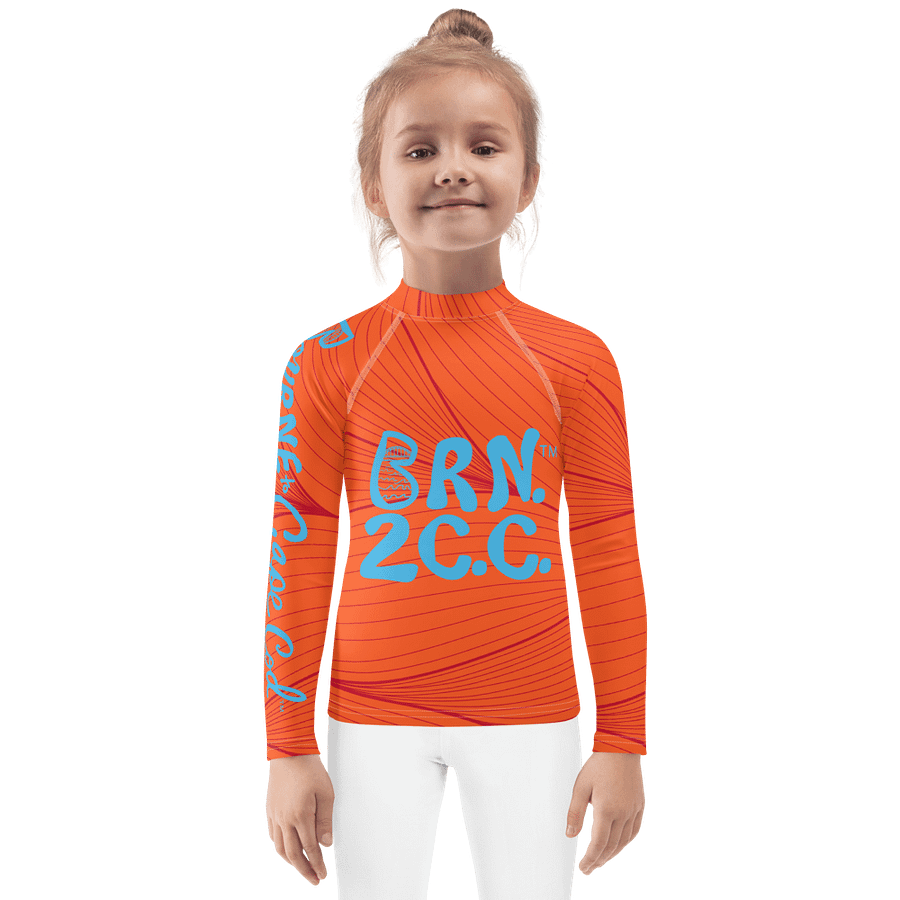 Girls' | Kids Rash Guard | BRN.2C.C.™ Front Print | BOURNE to Cape Cod™ Back & Sleeve Logo | Coastal UV Shirt for Active Kids | Slim Fit Swim Top | Blue Logo on Red and Orange product image (1)