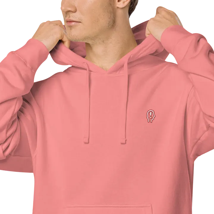 EXCLAIMING MENTALLY (sm. red bubble design) embroidered pigment hoodie product image (1)
