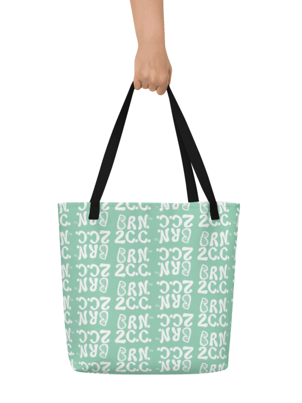 BRN.2C.C.™ | Large Tote Bag with Pocket | Coastal Classic | All-Over Logo Print | White Logo Repeat on Vista Blue Green product image (2)