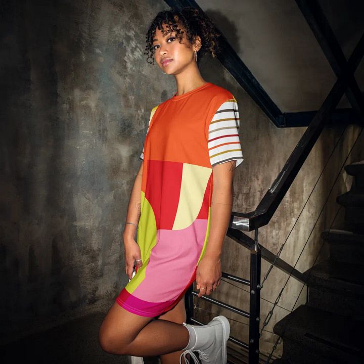 All-Over Orange/Yellow Geometric/Stripe T-Shirt Dress product image (1)