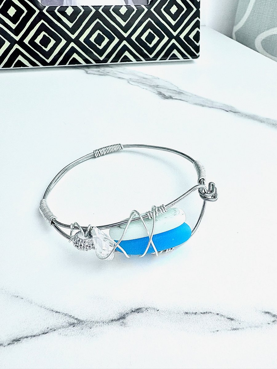 Ocean Whispers Wire-Wrapped Sea Glass Bracelet | Handmade 8" Coastal Charm by Monique Faella Designs™ | MFD-00202 product image (4)