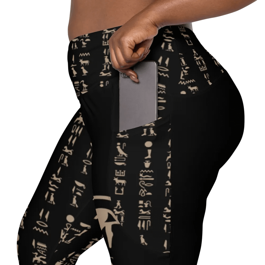 Nefertiti Black Hieroglyphs All-Over Print Crossover Leggings with Pockets product image (7)
