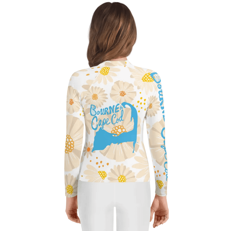 Girls' | YOUTH | Rash Guard | BRN.2C.C.™ Front Graphic | BOURNE to Cape Cod™ Sleeve & Back Logo | Coastal Swim Shirt for Kids | UV Protection Activewear | Blue Logo | Daisy Pattern product image (2)
