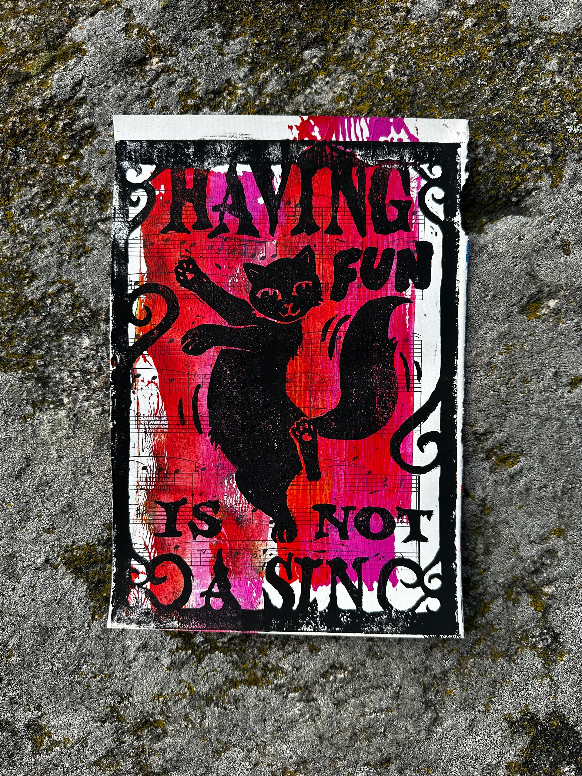 HAVING FUN IS NOT A SIN dancing cat original lino print (12) product image (1)