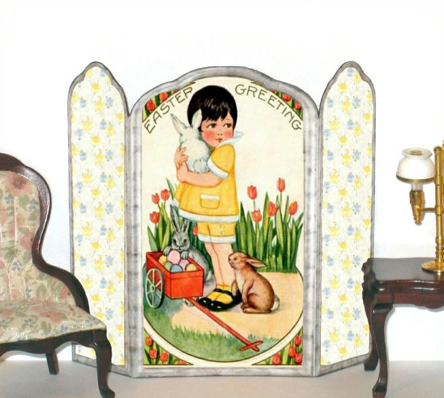 Easter Greetings Girl and Bunny Dollhouse Miniature Room Screen 1:12 Scale N022 product image (1)