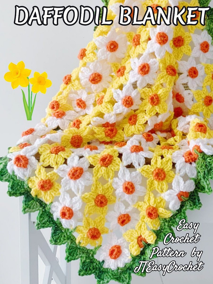 Daffodils Crochet Baby Blanket Pattern, Birth Flower Crochet Motif Boho Home Decor Throw product image (10)