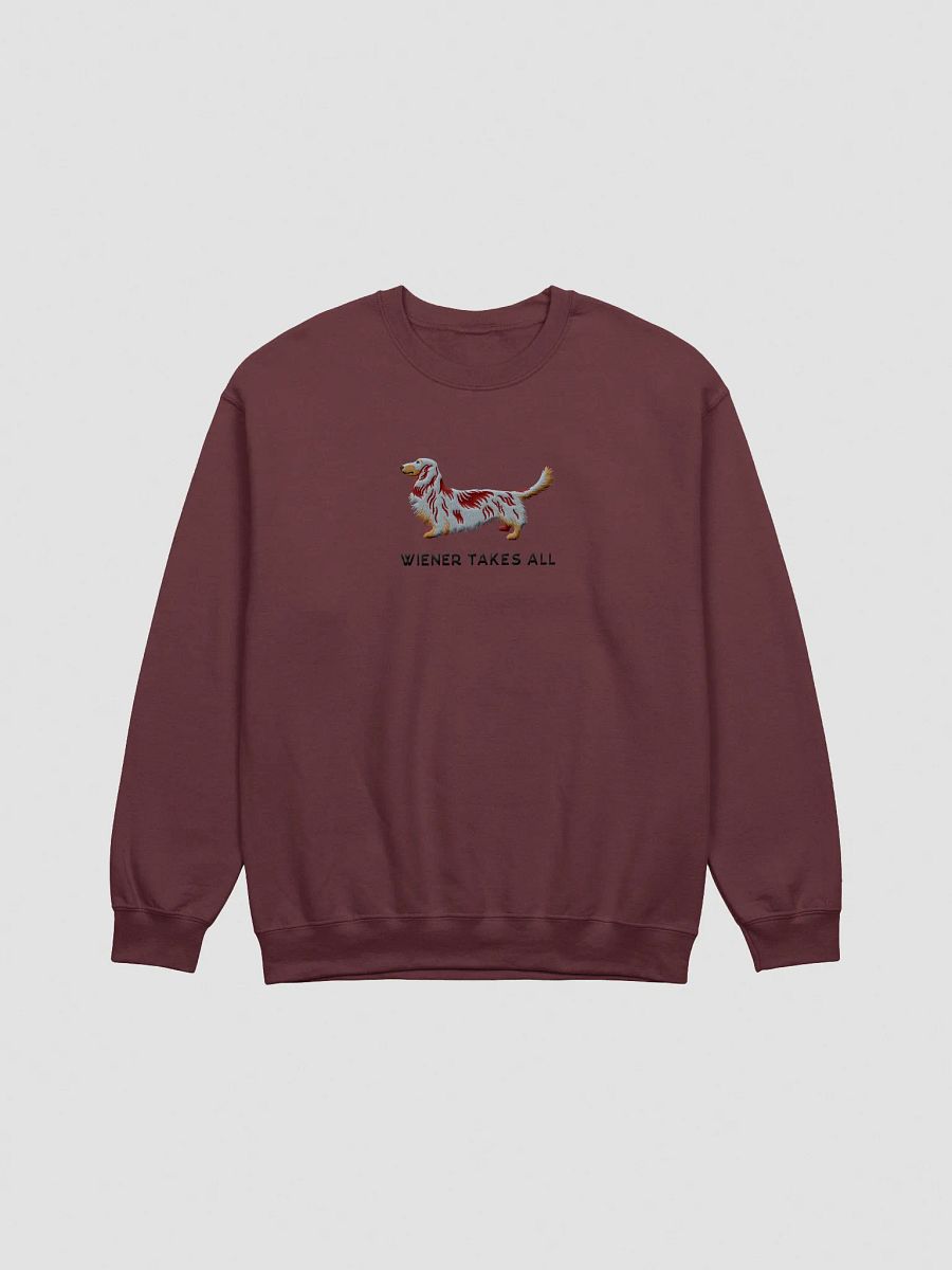 Wiener Takes All Sweatshirt (Embroidered) of a Longhaired Dachshund(Red Dapple) product image (1)