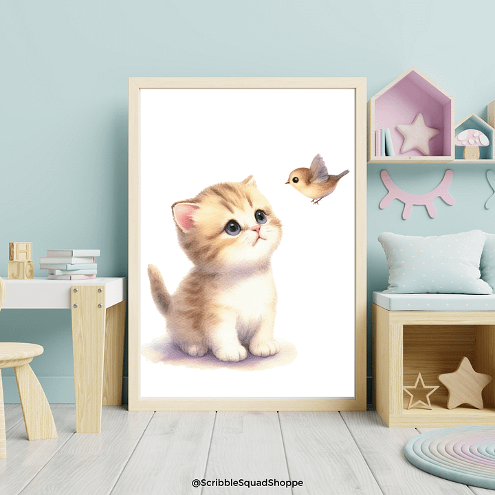 Curious Whiskers: Kitten Enchants Bird - Cute Digital Wall Art product image (1)