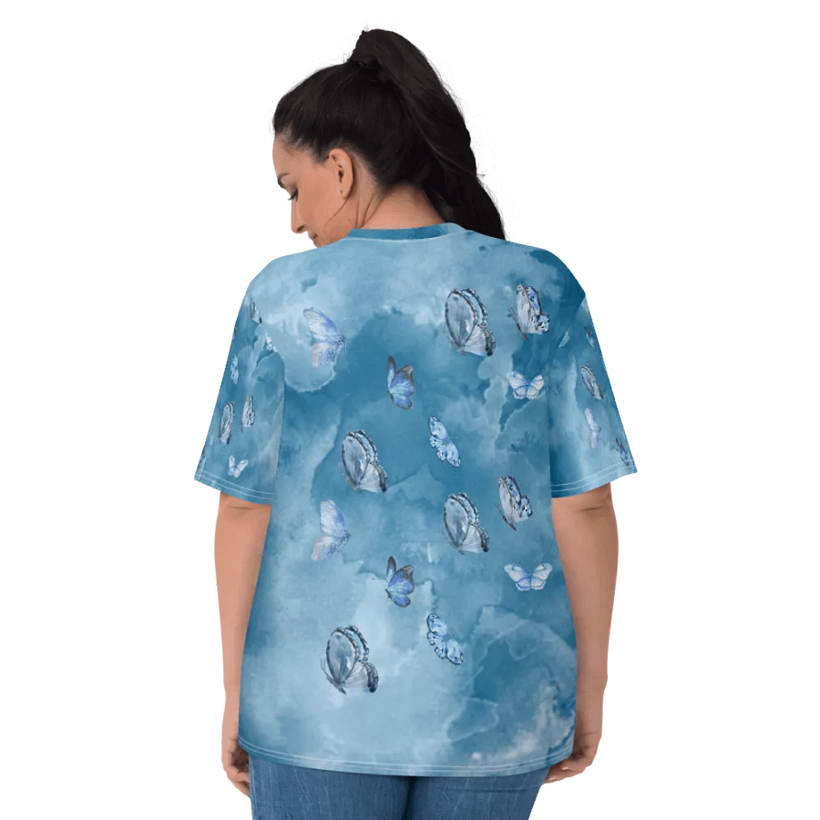 Womens all over printed t shit with light blue water color design with butterflies product image (6)