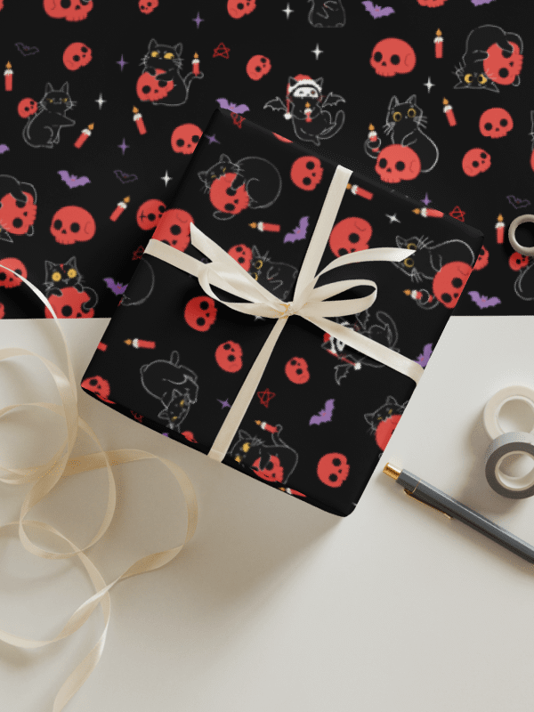 Gothic Christmas cat tree wrapping paper -black product image (1)
