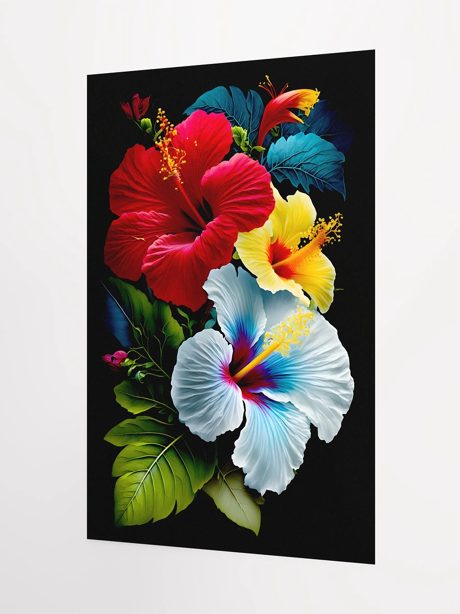 Bouquet of Hibiscus Flowers in Red Yellow Blue with Leaves Black Background Matte Poster product image (5)