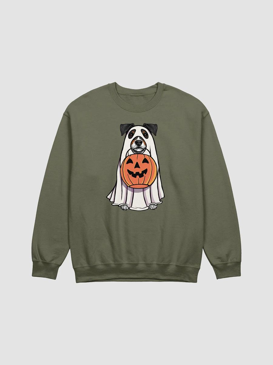Funny Halloween Jack Russell Terrier(Tricolor) Sweatshirt | Funny JRT Wearing a Ghost Costume and Holding a Pumpkin Basket product image (13)