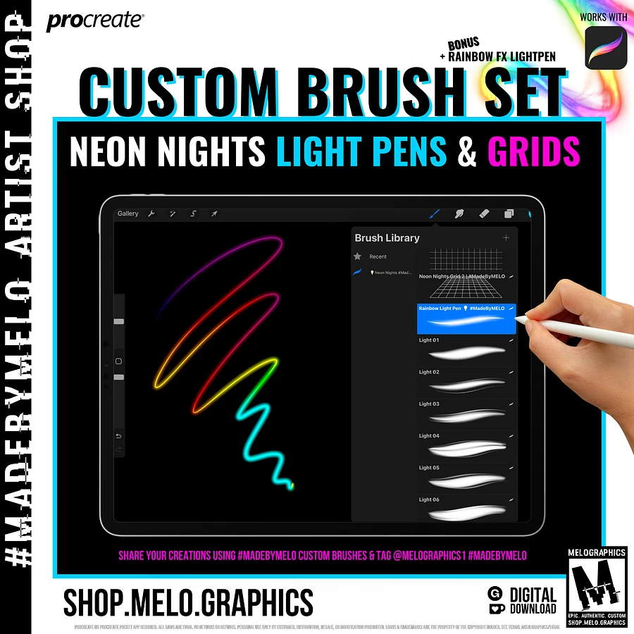 Neon Nights Procreate Light Pens & Grids Brush Set Bundle | #MadeByMELO product image (3)