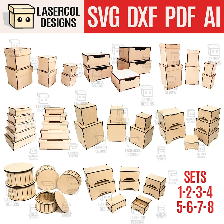 Boxes Bundle (Set 1-2-3-4-5-6-7-8) - Laser Cut Files product image (1)