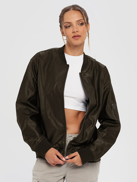 Photo showing Threadfast Apparel Faux Leather Bomber Jacket