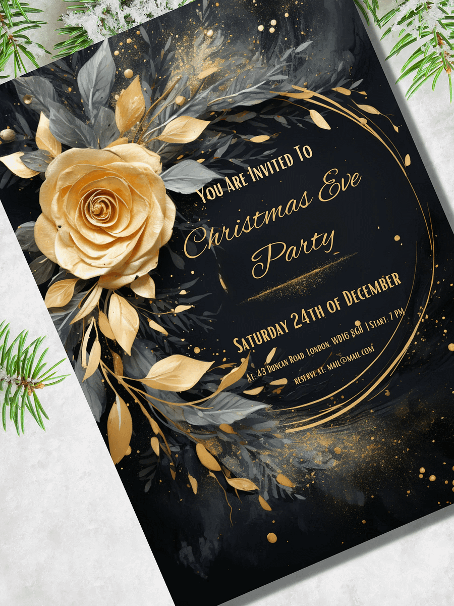 3D Gold Rose Christmas Eve Party Invitation | Editable in Canva | Christmas Party Printable | Holiday Invitation Template | Link to Canva product image (3)