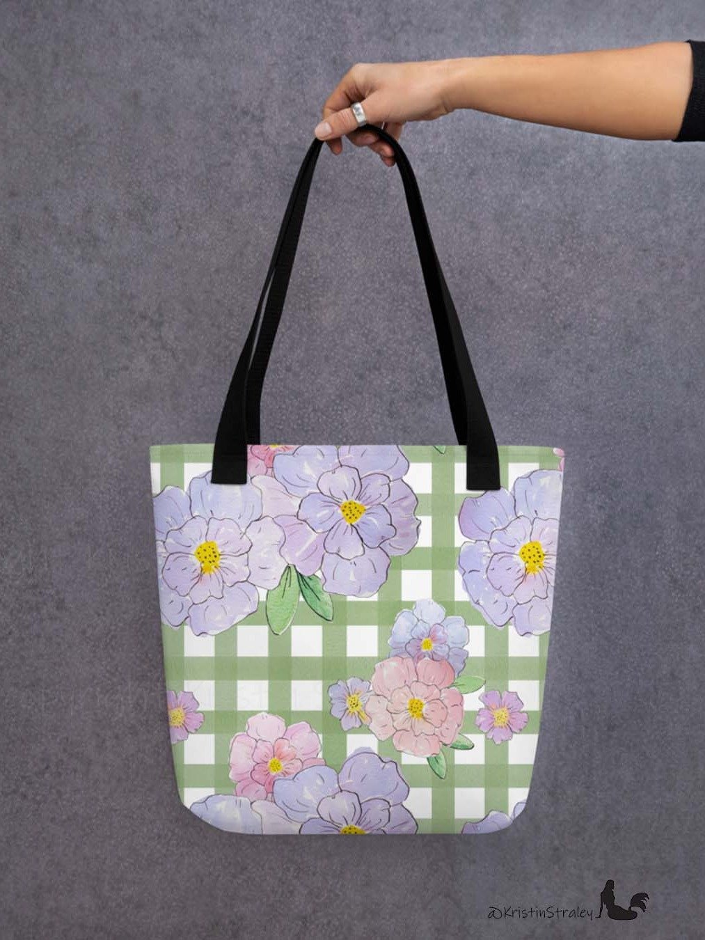 Gingham Blossoms - Lg Lavender Flowers on Green Gingham product image (6)