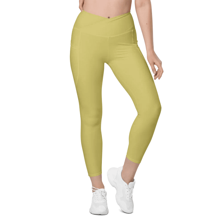 Plain Medium Yellow Light Summer Women's High Waisted Premium Crossover Leggings with Pockets by Treasure Pie product image (2)