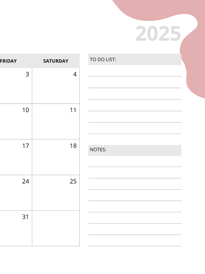 Simple printable 2025 monthly calendar product image (2)