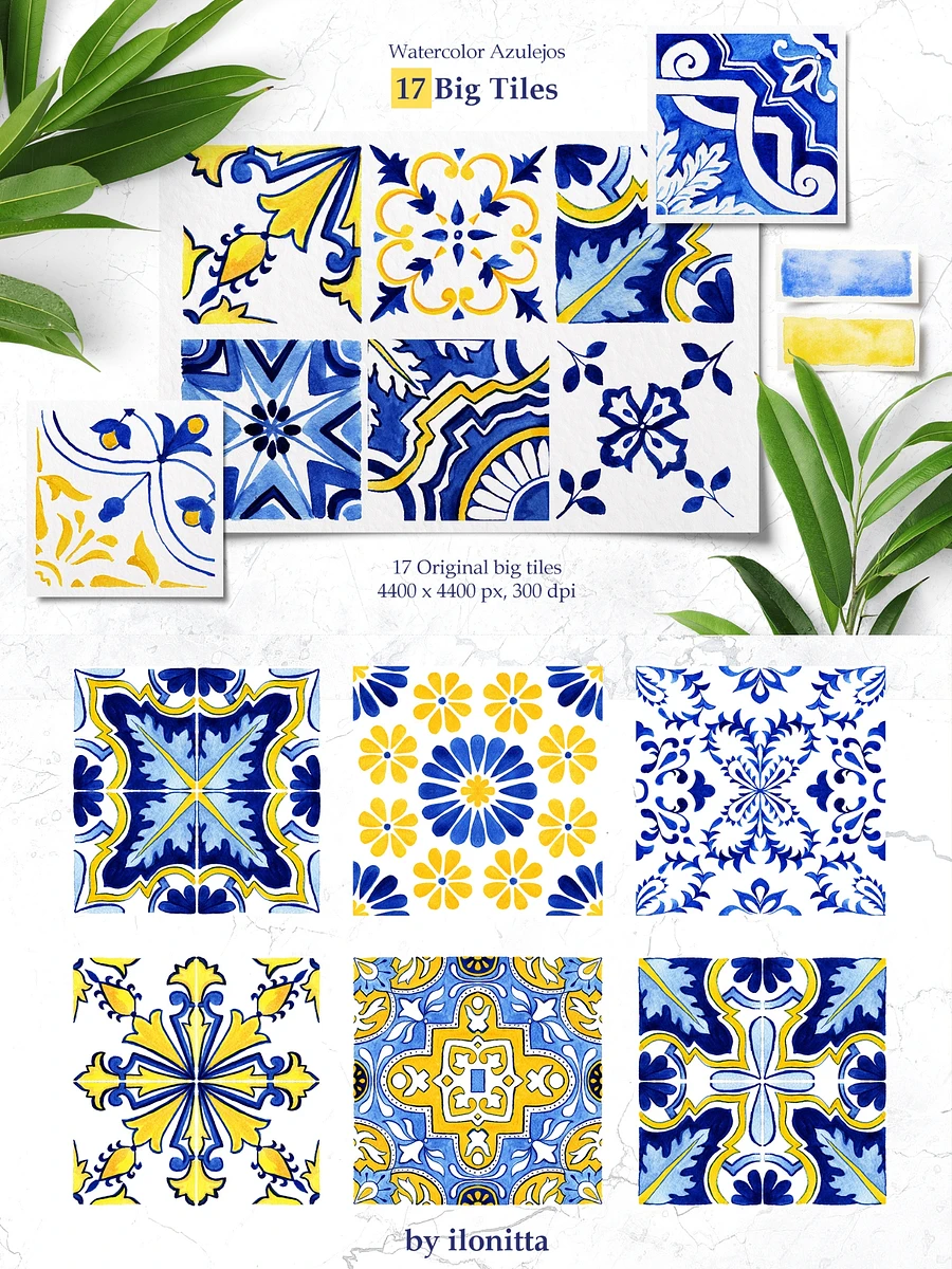 Portuguese Azulejos Tiles & Patterns Watercolor Clipart and Seamless Patterns BUNDLE product image (2)
