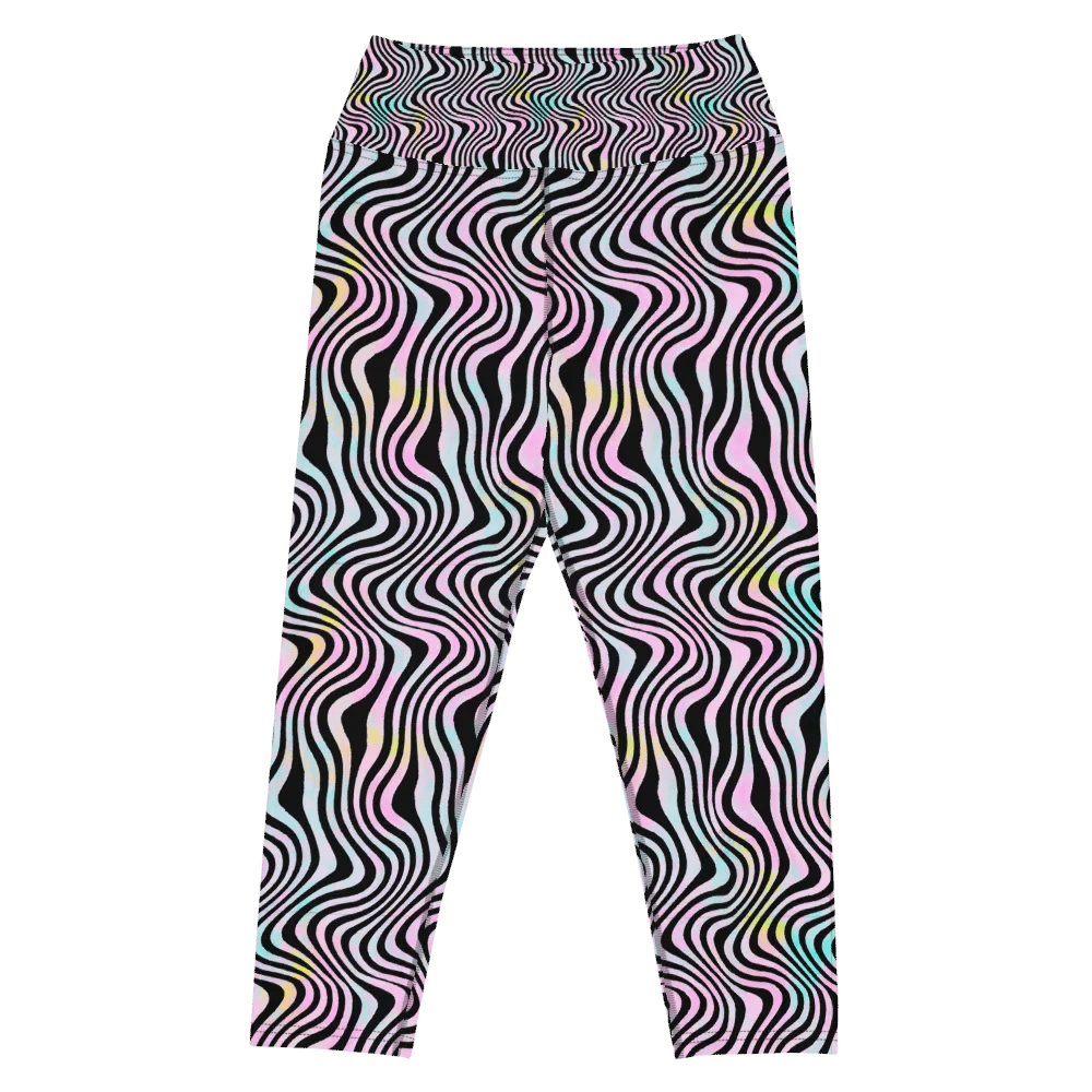 Yoga capri  leggings blue watercolour leafy design on black background product image (4)