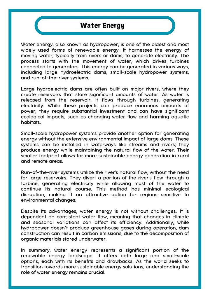 Water Energy READING PASSAGE WITH QUESTIONS WORKSHEET product image (2)
