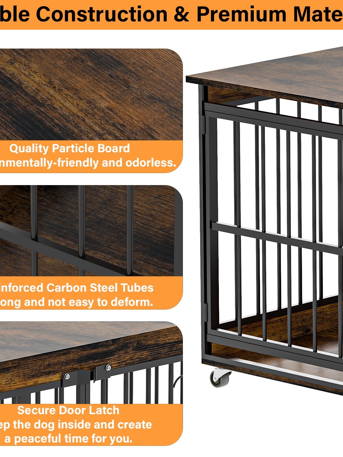 48 Inch Dog Cage Furniture for Extra Large Dog, Double-Doors Heavy Duty Dog Crate with 360° Caster Wheels, Dog Kennel Indoor Decorative Pet House Dog Cage Table, Brown product image (4)
