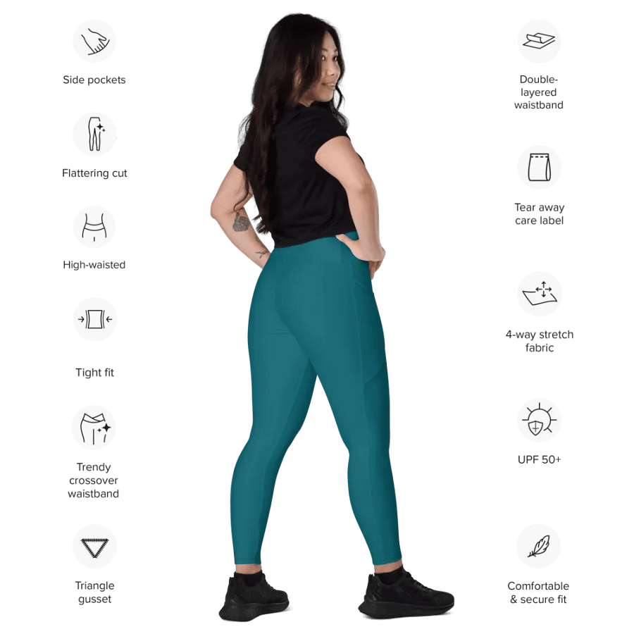 Plain Teal Blue True Summer Women's High Waisted Premium Crossover Leggings with Pockets by Treasure Pie product image (12)