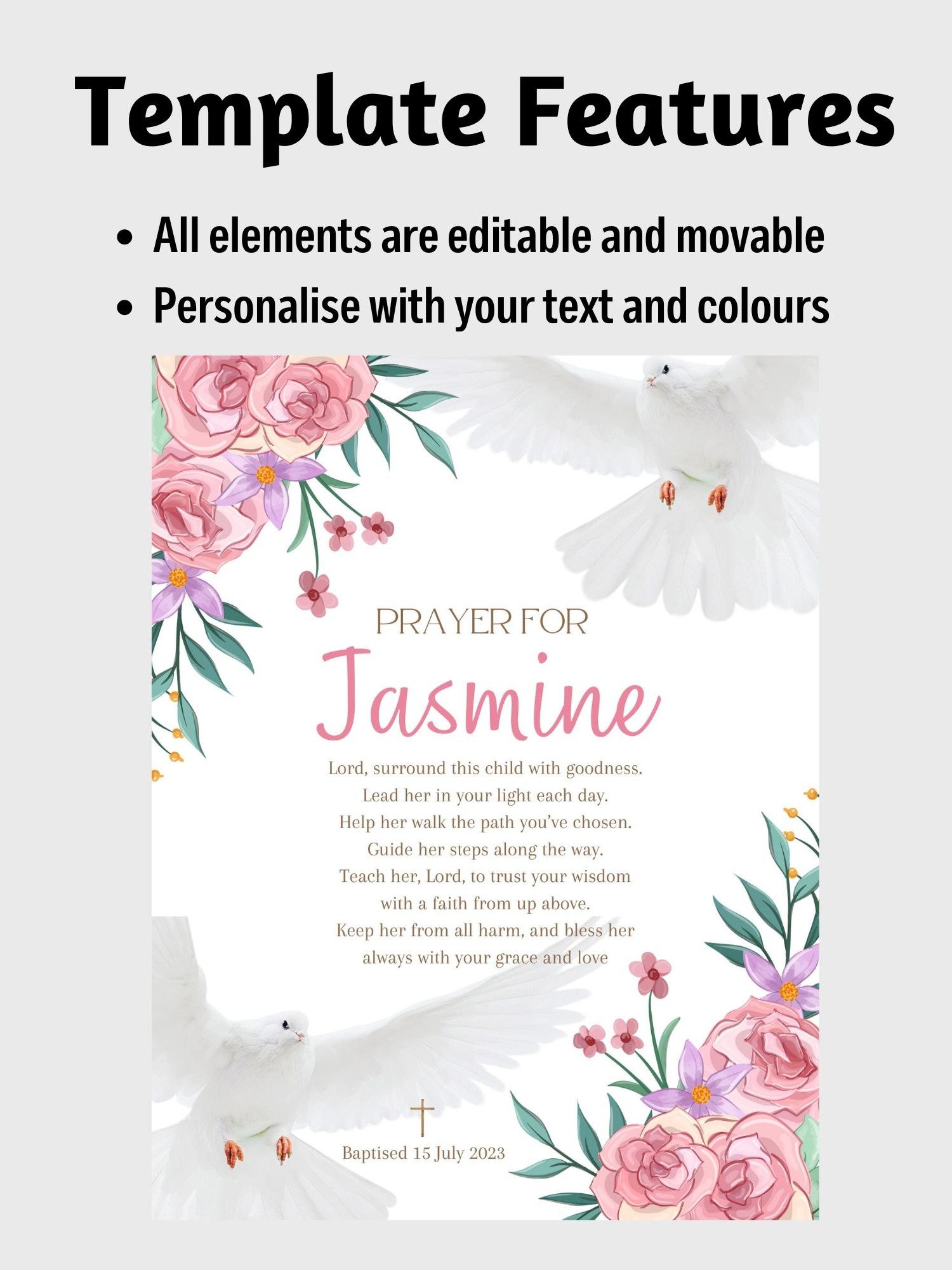 Dove and Pink Flowers Baptism Canva Template product image (5)