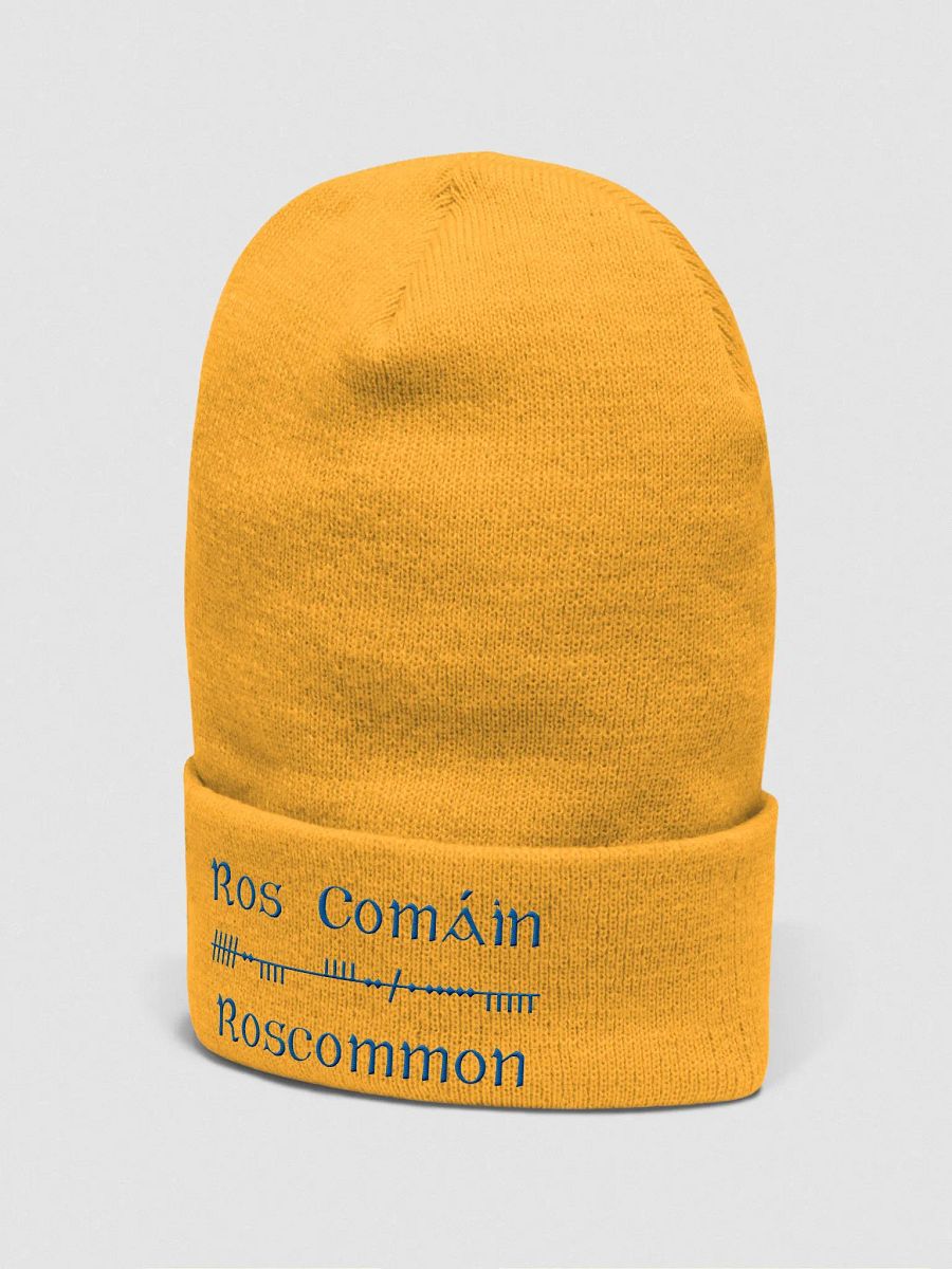 Roscommon/Ros Comáin Scholastic style Ogham, yellow with blue, embroidered Cuffed Beanie product image (4)