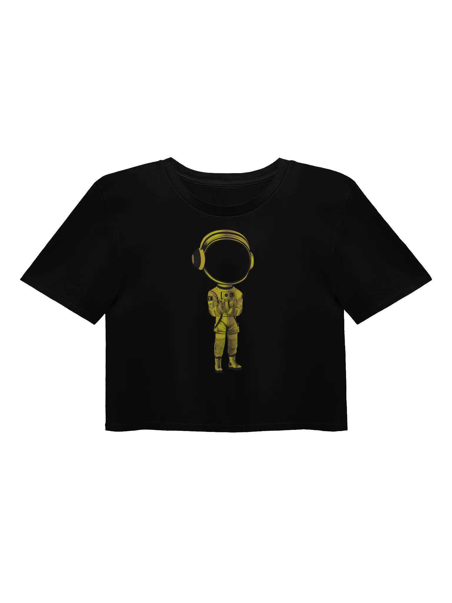Ladies black cropped tee shirt with Gold Astronaut front product image (1)