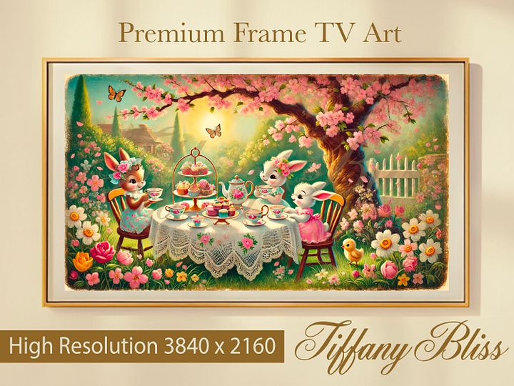 Spring Bunny Samsung Frame TV Art, Tea Time Easter Painting - Digital Download Wallpaper product image (1)