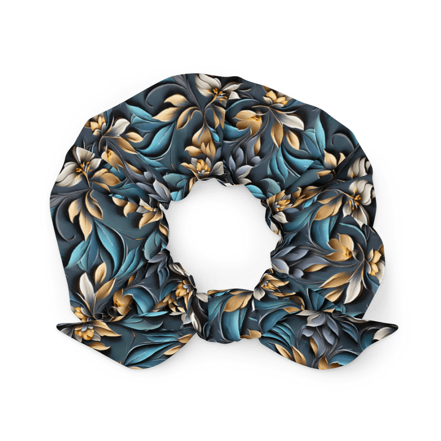 Hair Scrunchie - Sculpted Floral Pattern of Yellow-Brown Flowers on Textured Blue Background product image (1)