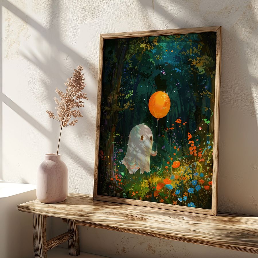 Cute Ghost with a Balloon Whimsical Halloween Art Print product image (7)