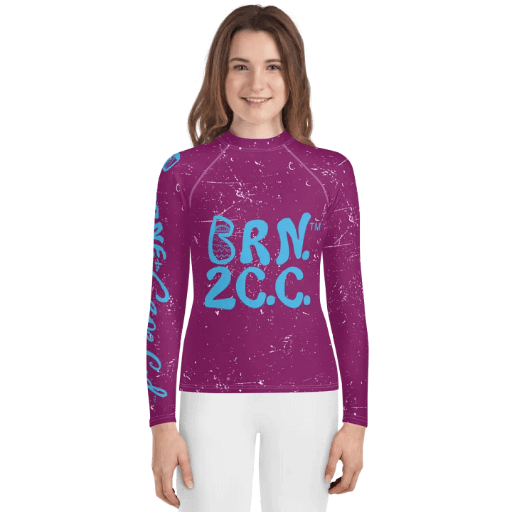 Girls' | YOUTH | Rash Guard | BRN.2C.C.™ Front Graphic | BOURNE to Cape Cod™ Sleeve & Back Logo | Coastal Swim Shirt for Kids | UV Protection Activewear | Blue Logo on Distressed Purple product image (1)
