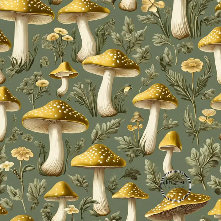 Seamless Pattern - Golden Mushrooms on Light Green product image (1)
