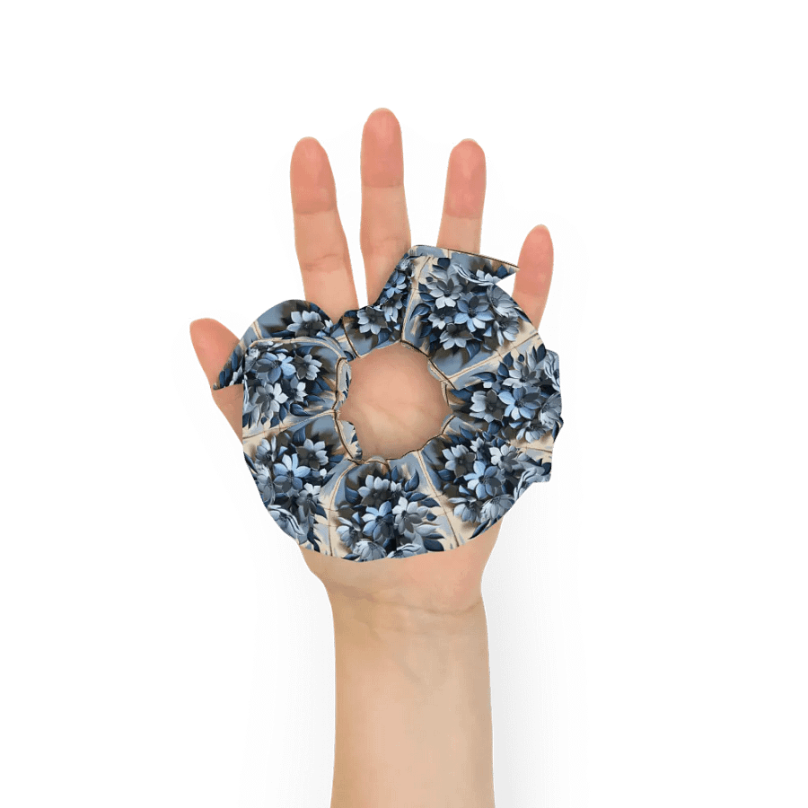 Hair Scrunchie - Painted Floral and Tile Pattern in Shades of Blue product image (7)