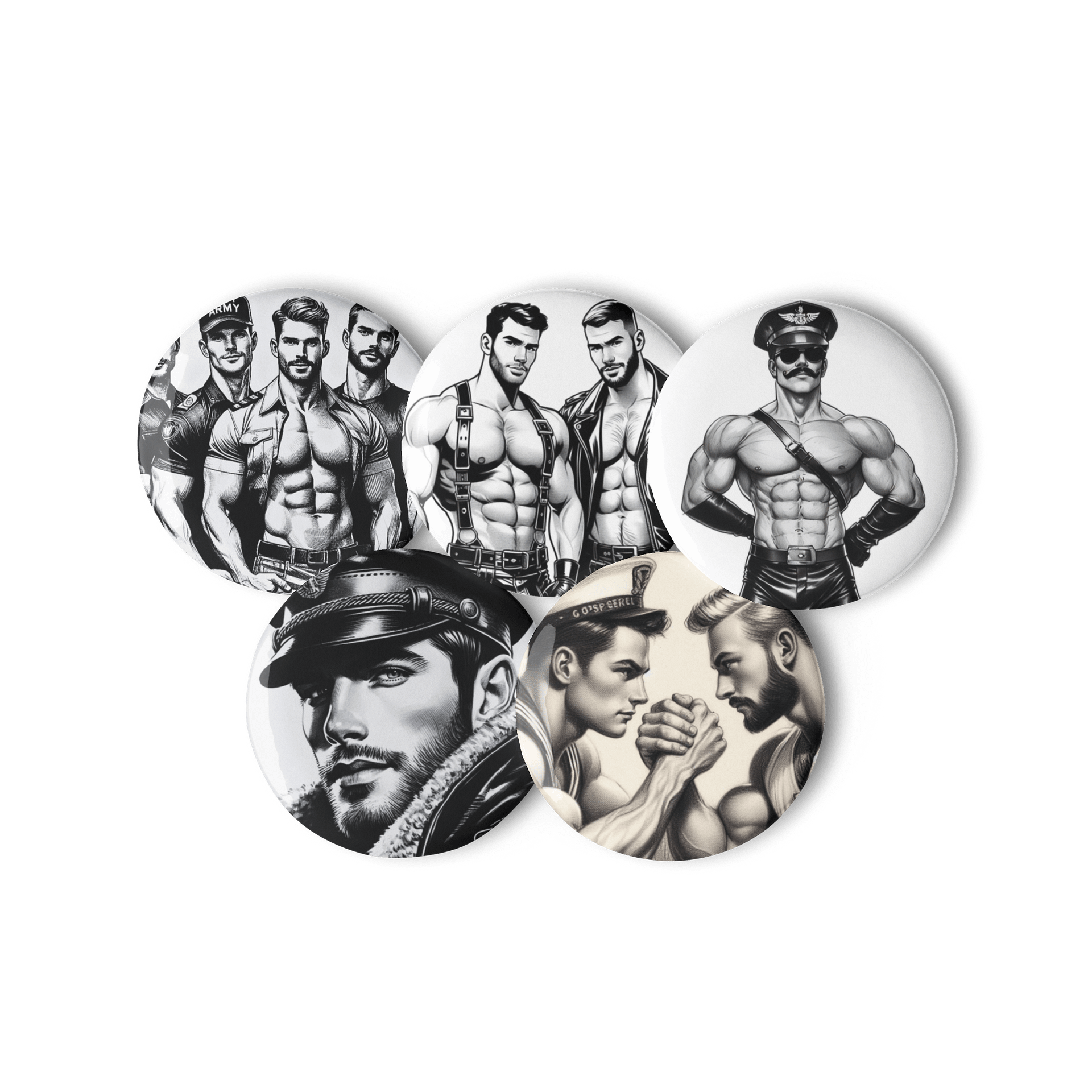 Heritage Gay Leather 5 Button Pin Set – Tom of Finland Tribute Gay Pride Graphic Design Button Pins product image (2)