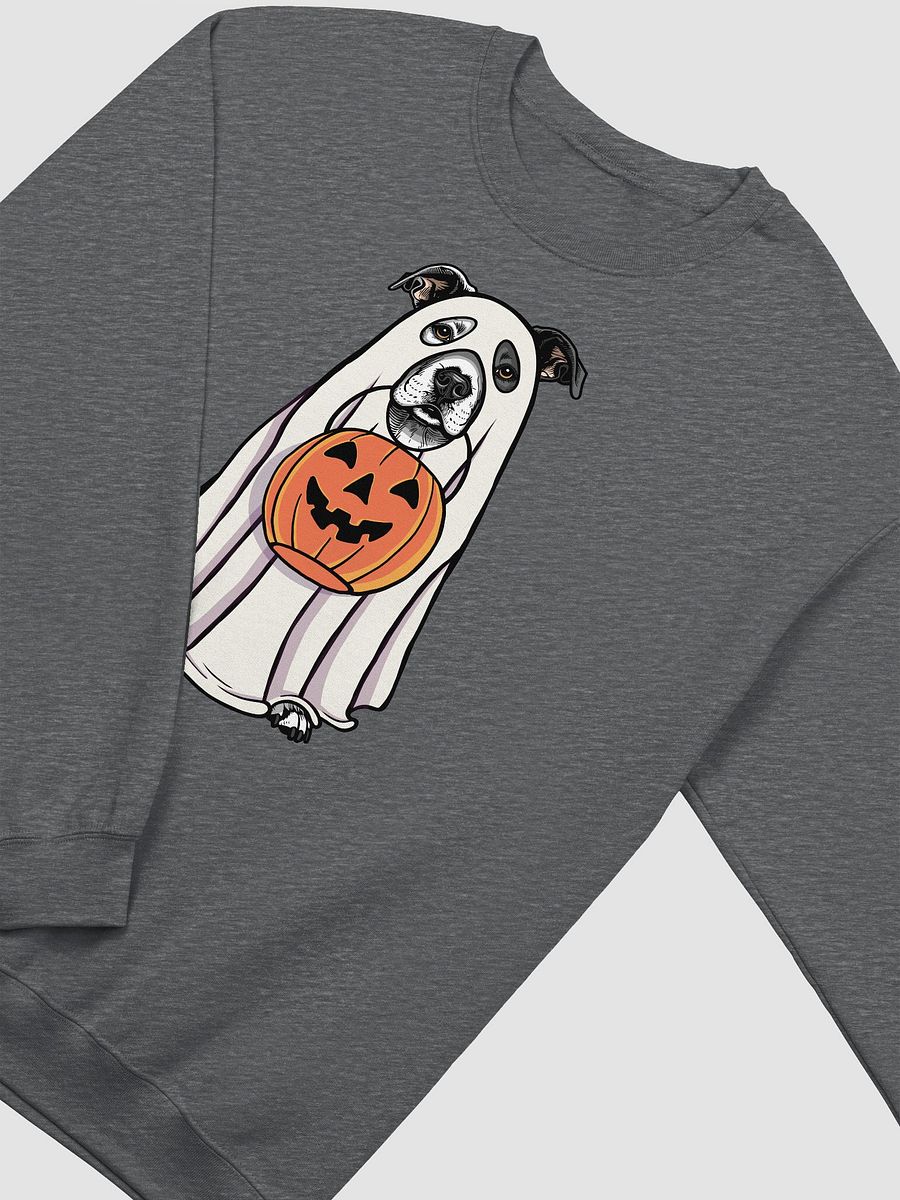 Funny Halloween Staffordshire Terrier(White with Black Patch) Sweatshirt | Funny Staffy Wearing a Ghost Costume and Holding a Pumpkin Basket product image (8)