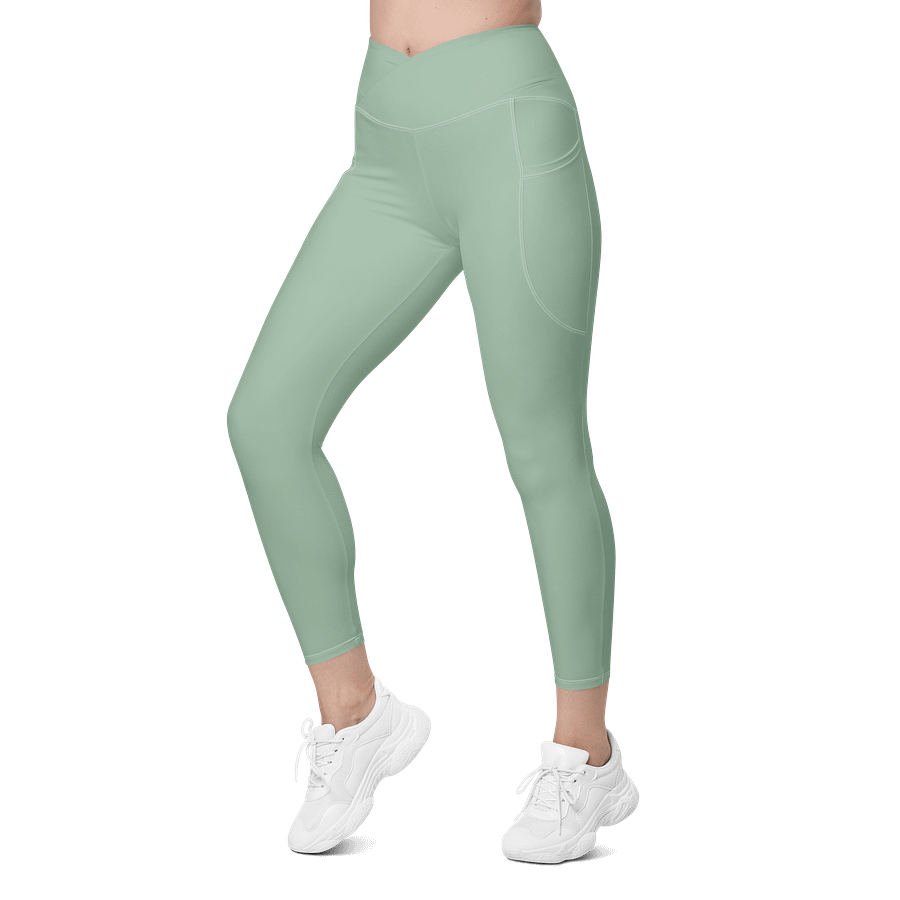 Plain Light Sage Green Soft Summer Women's High Waisted Premium Crossover Leggings with Pockets by Treasure Pie product image (6)