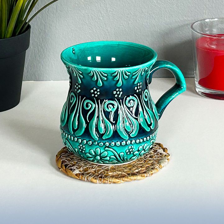 Ceramic milk/ayran cup, turquoise/green/emerald mug — handmade pottery, handmade ceramic product image (1)