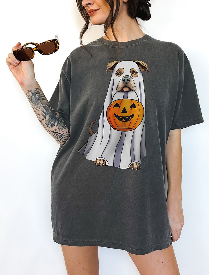 Pitbull(Fawn) Halloween Tee | Funny Halloween Pittie/Staffordshire Wearing a Ghost Costume with Pumpkin Basket product image (6)