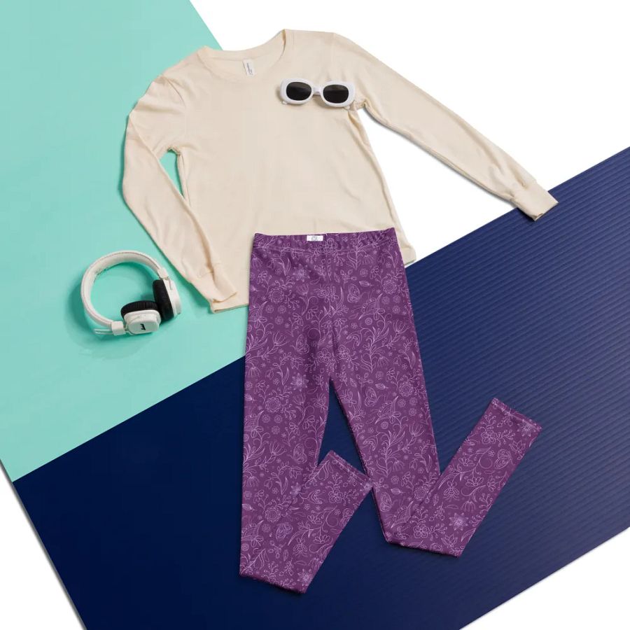 Dark Purple Floral Youth Leggings product image (6)