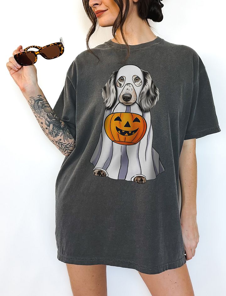 Dachshund(Dapple) Halloween Tee | Funny Halloween Wiener/Doxie Wearing a Ghost Costume with Pumpkin Basket product image (6)