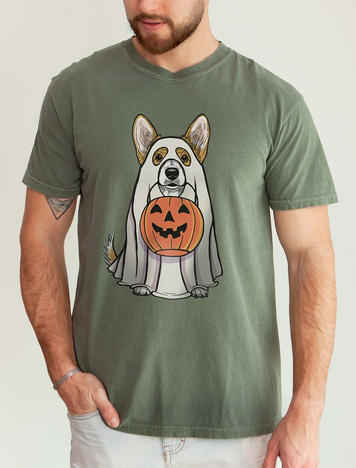 Funny Halloween Cardigan Welsh Corgi T-Shirt | Funny Corgi Wearing a Ghost Costume and Holding a Pumpkin Basket product image (9)